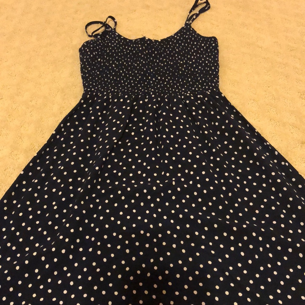 Spaghetti strap blue and white poka dot dress